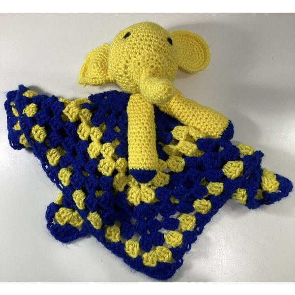 Vtg Handmade Crochet Elephant Lovey Security Blanket Baby Child Toy Blue Yellow - Picture 3 of 9